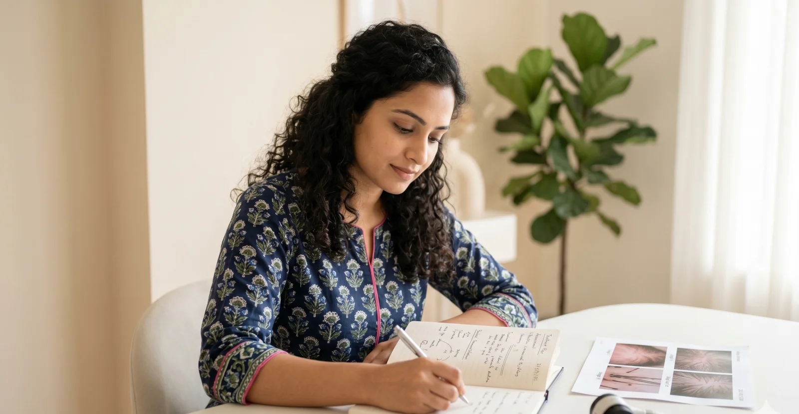 Dr Khushboo Sethia reviewing scalp trichoscopy results during a hair-loss consultation.