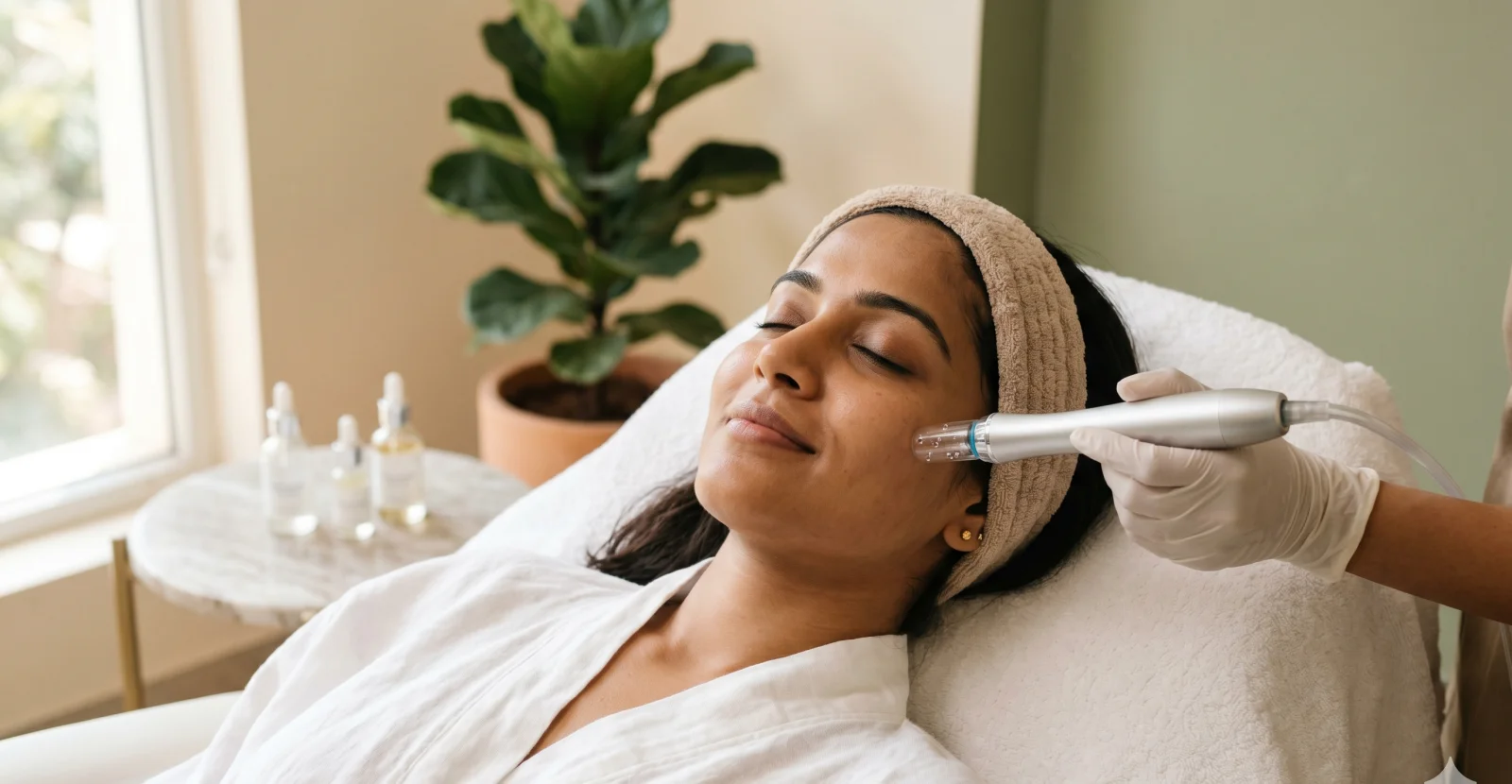 Hydrafacial session at SkinWise Clinic — soft natural light, calm relaxed patient, medical-grade equipment.