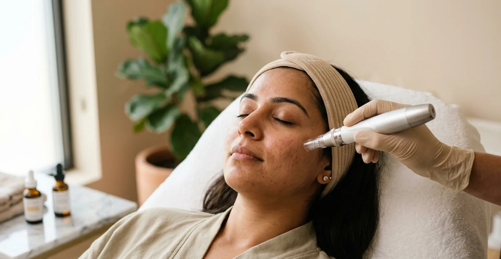 Patient receiving microneedling-RF in a softly lit treatment room at SkinWise Clinic — calm, natural light.